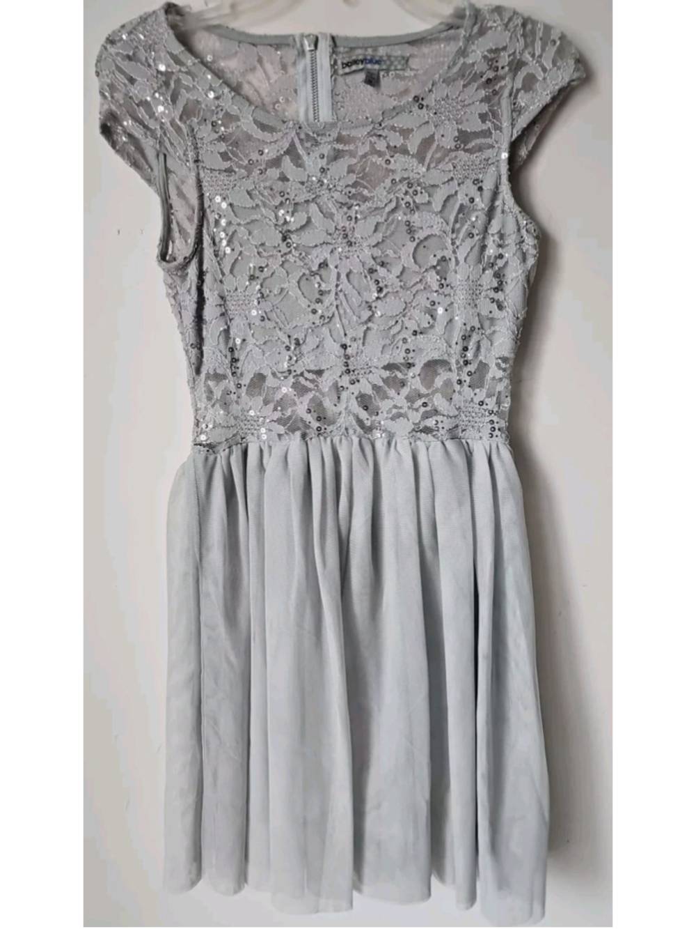 Bailey Blue Sequin Silver Tulle Lace Sleeveless Mini Cocktail Dress Juniors M